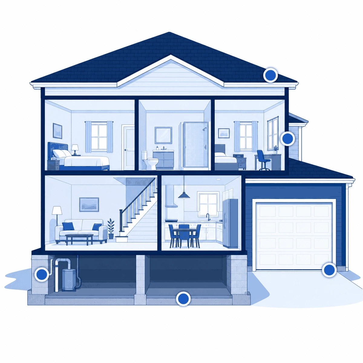 Cutaway diagram of a two-storey house with the common pest entry points marked at the roofline, foundation, utility penetrations and door frames