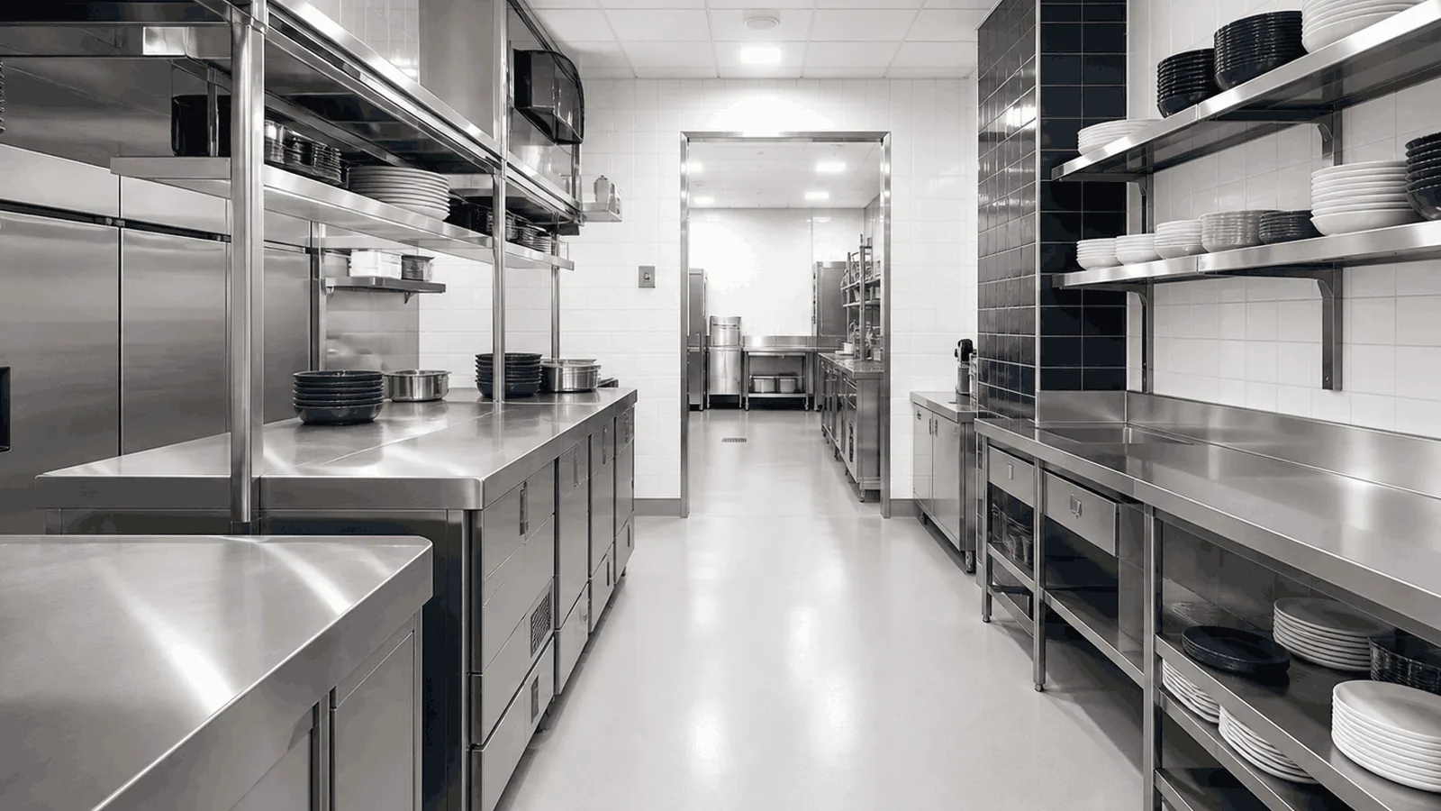 The clean stainless-steel back-of-house area of a commercial kitchen, kept audit-ready