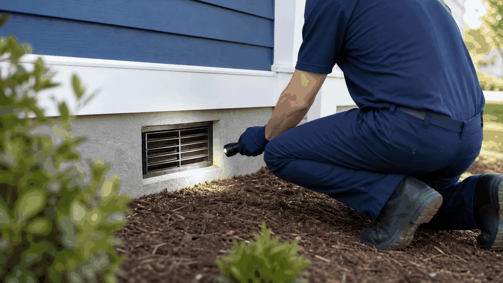 A pest control technician kneeling beside a home foundation, inspecting a crawl space vent with a flashlight