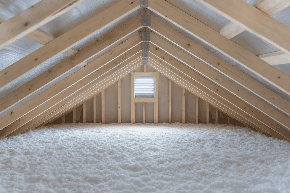 A clean, insulated residential attic with exposed roof trusses — a common area for rodent entry and nesting