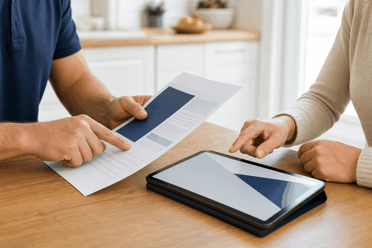 A technician explaining a bed bug preparation checklist to a homeowner