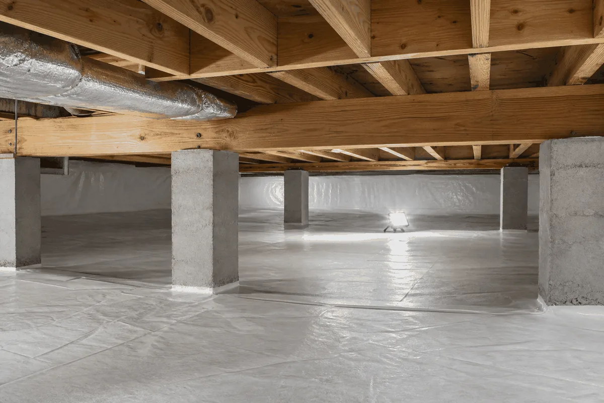 The dry crawl space beneath a home showing concrete piers and floor joists, where subterranean termite inspection begins