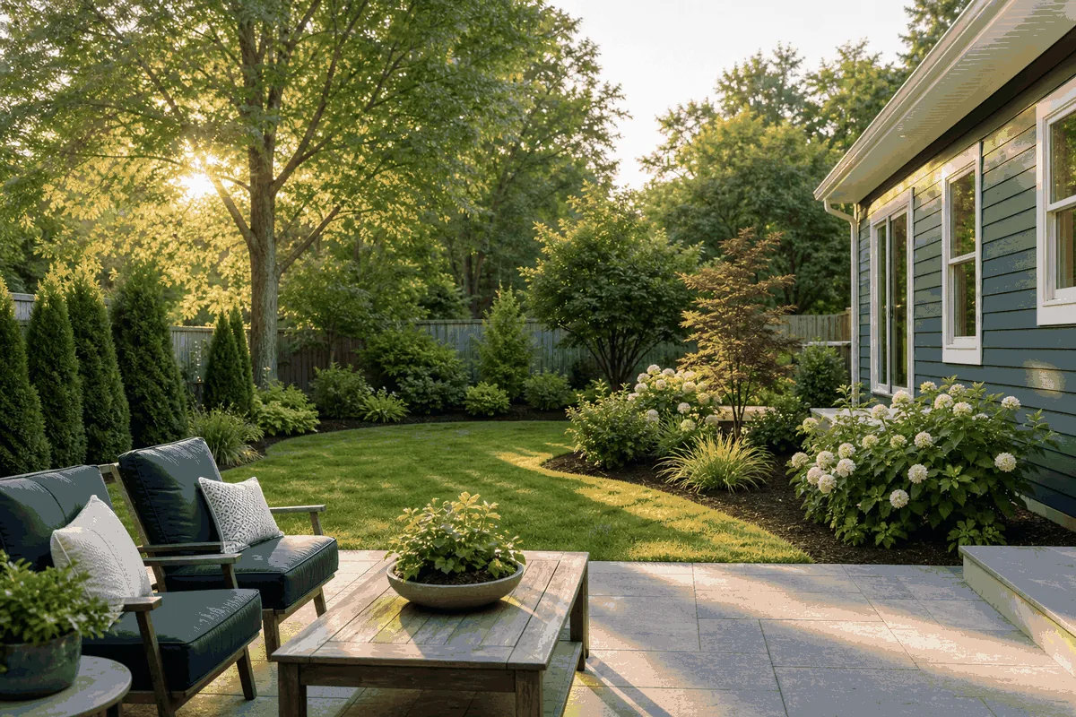 A suburban backyard with shaded, mulched garden beds where fleas and ticks concentrate